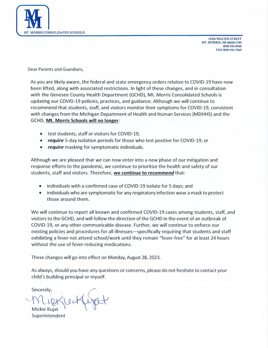 A letter from Superintendent Kujat regarding new Covid-19 protocols